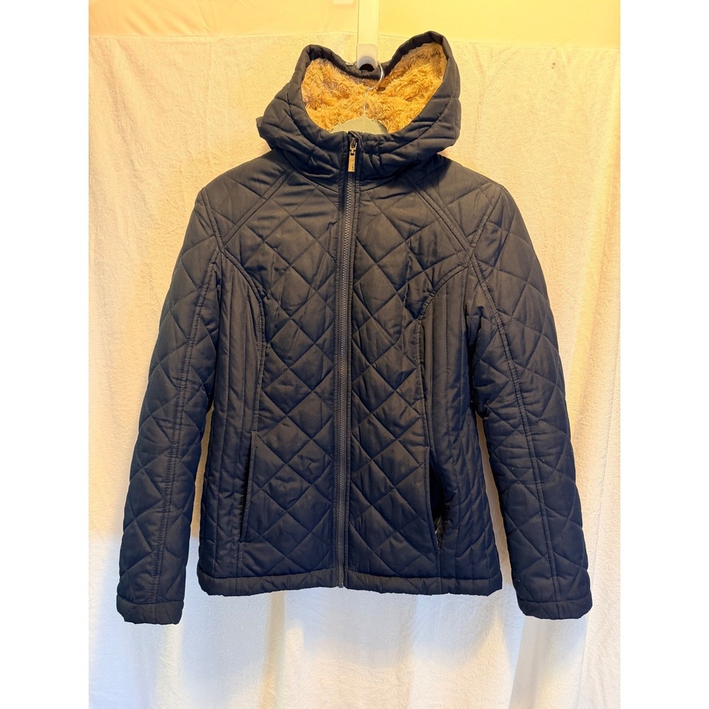 HFX Women Navy Blue Quilted Hooded Puffer Jacket Faux Fur Lined Size M